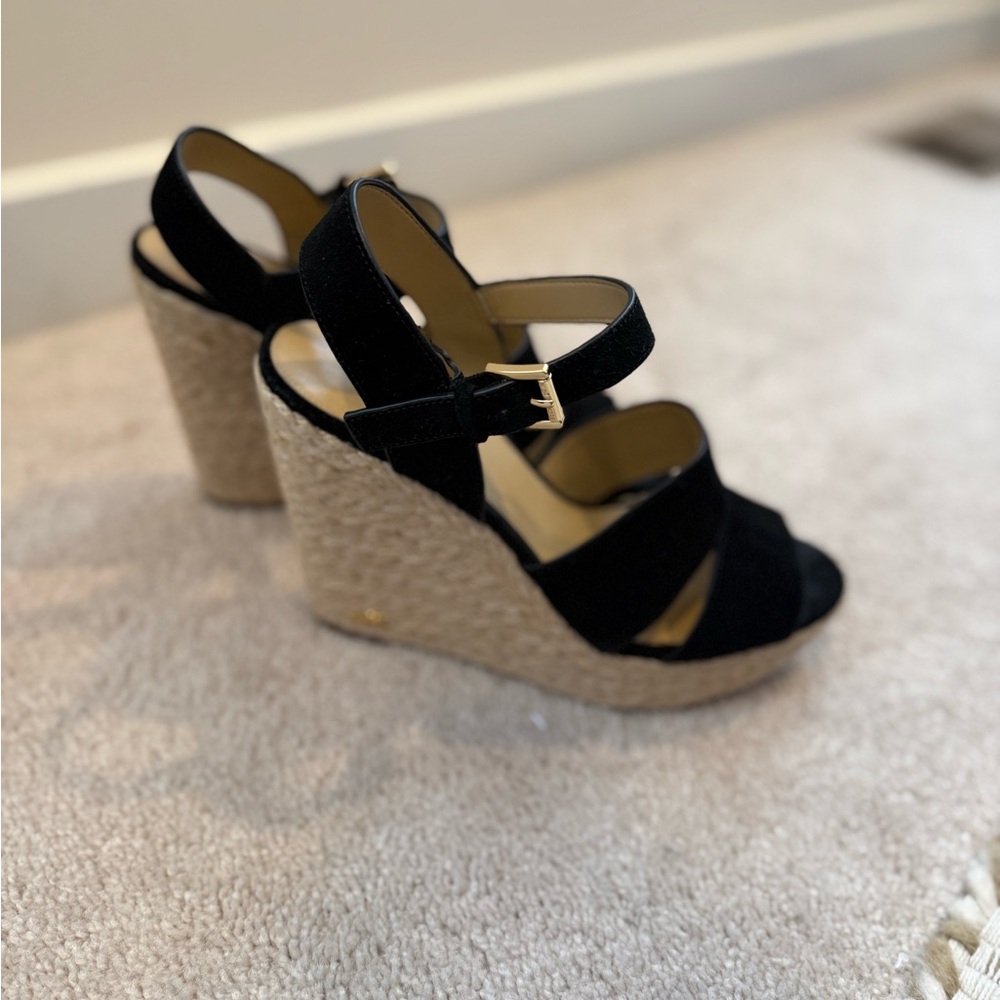Michael Kors Black and Tan Wedge Sandals